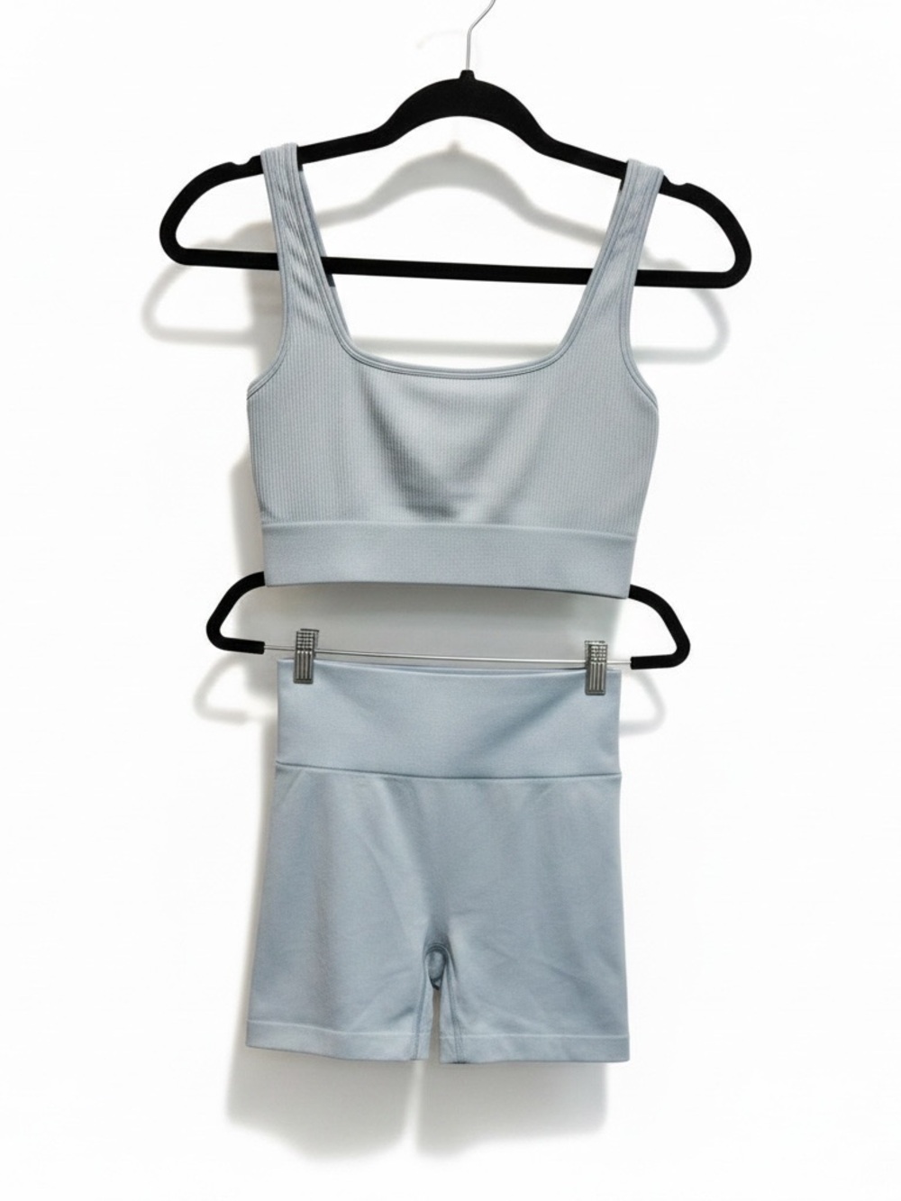 Powder Blue Ribbed Activewear Set Sports Bra Biker Shorts L Athleisure - Picture 2 of 3